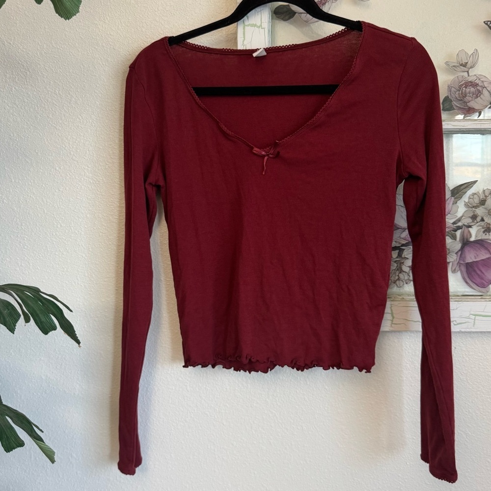 BP Red Long Sleeve Top With Bow and Lace Detail